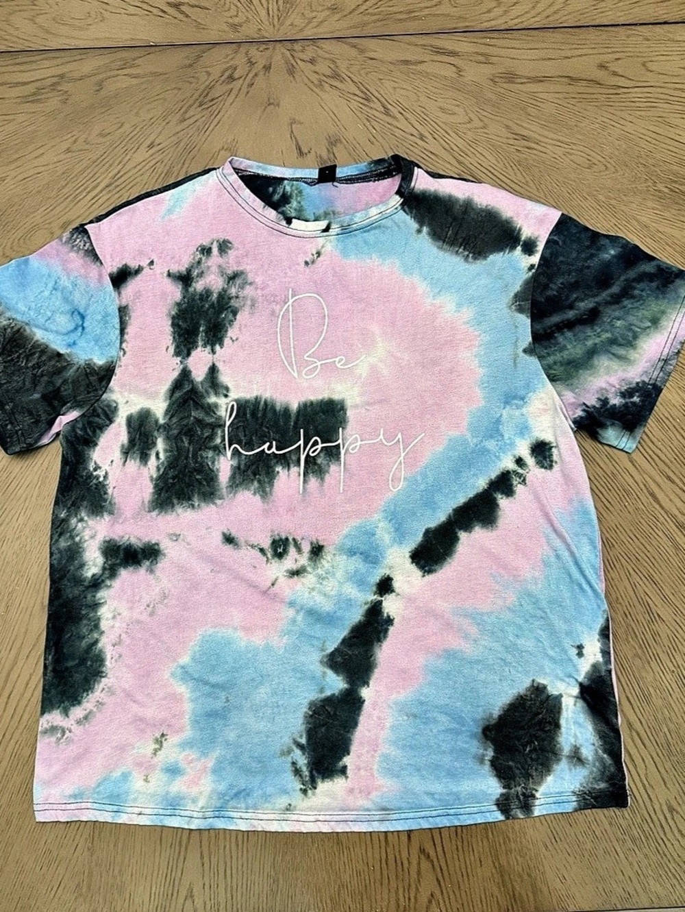 SHEIN Tie Dye Be Happy Print T-Shirt Pink & Blue Medium